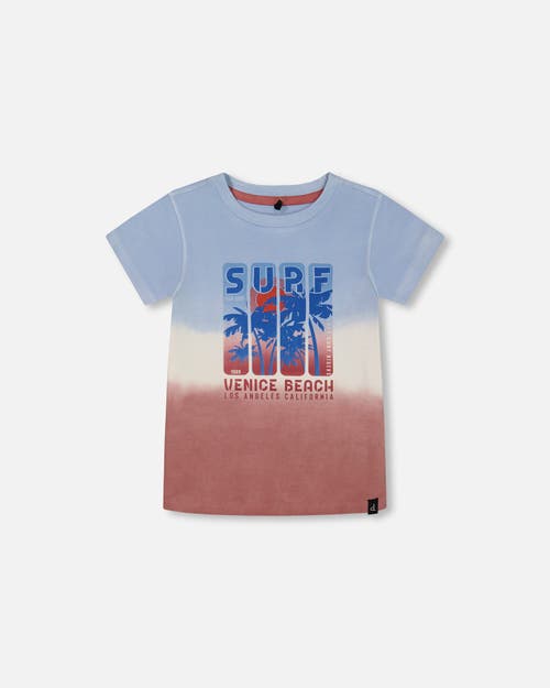 Deux Par Deux Little Boy's Short Sleeve Organic Cotton Graphic Tee Gradient Pale Blue And Dark Old R In Gradient Pale Blue, Dark Rose