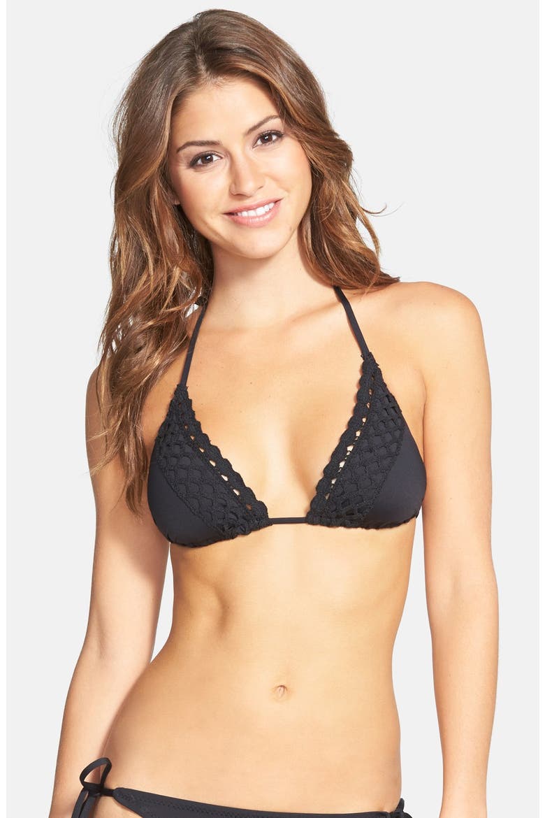 'It Girl' Crochet Trim Triangle Bikini Top, Main, color, BLACK