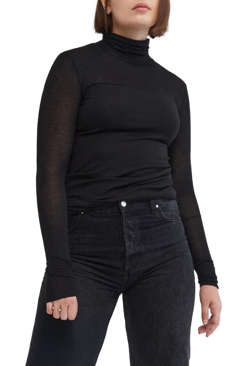 Sheer Panel Turtleneck Top, Alternate, color, BLACK
