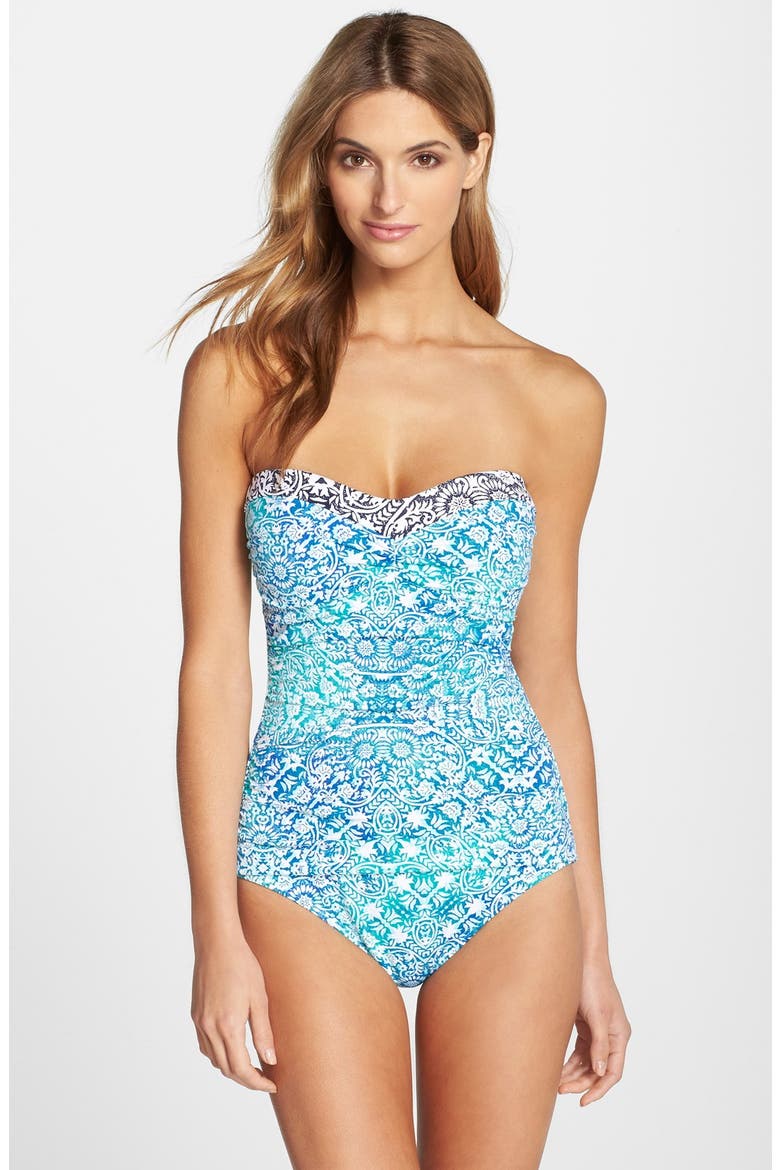 'Medallion' Bandeau One-Piece Swimsuit, Main, color, BLUE/ GREEN