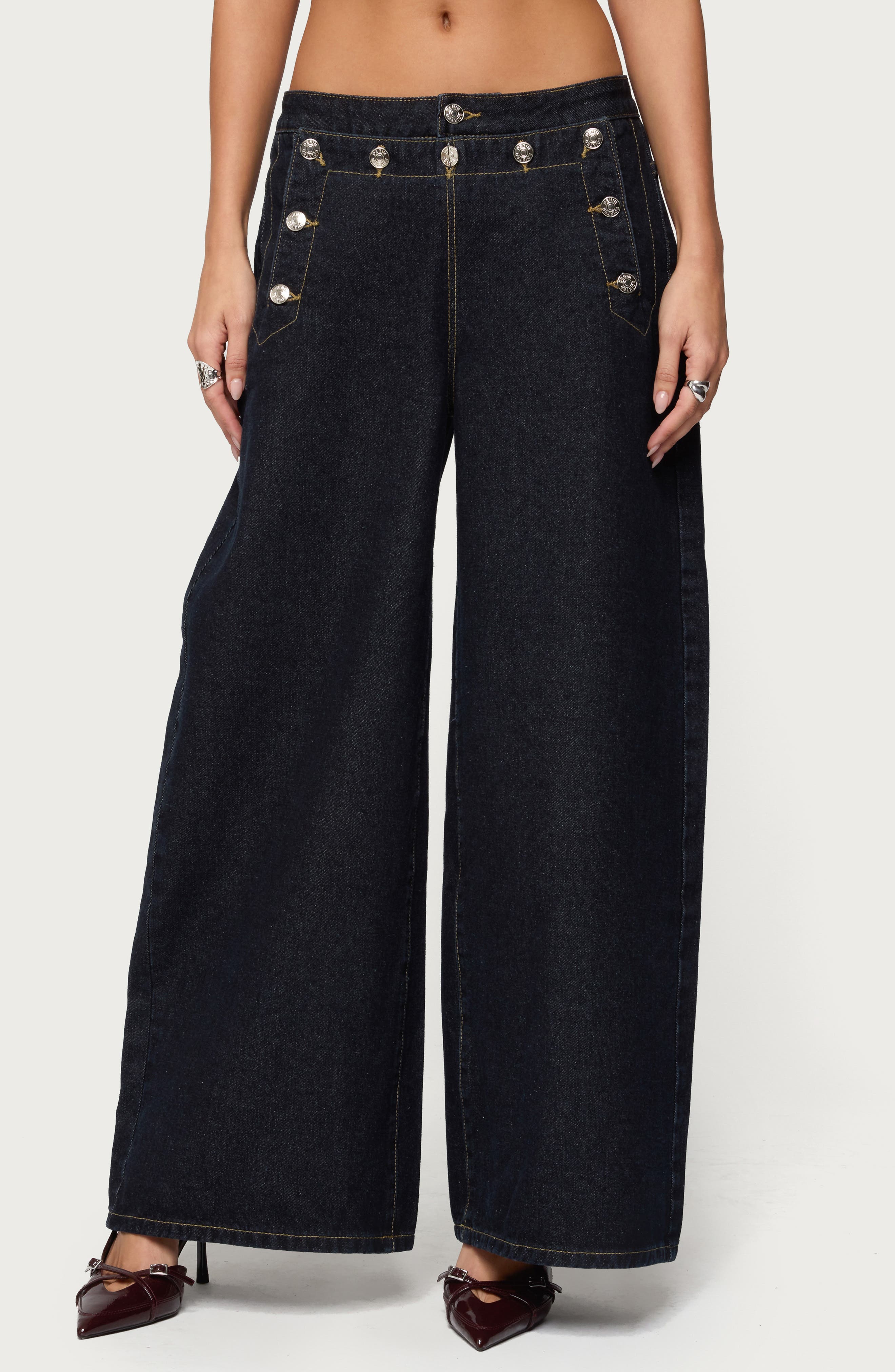 Frida Button Yoke Low Rise Wide Leg Jeans