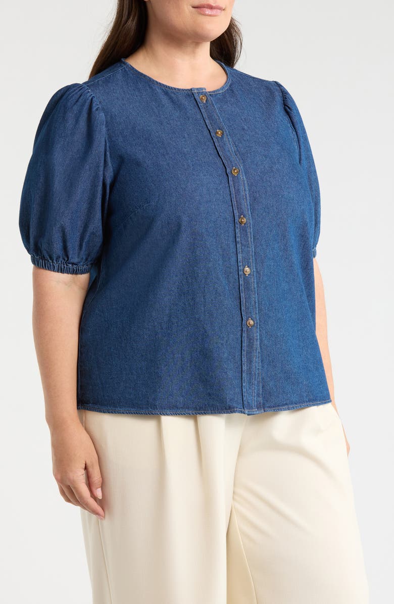 Anne Klein Puff Sleeve Denim Top, Alternate, color, Aries Wash
