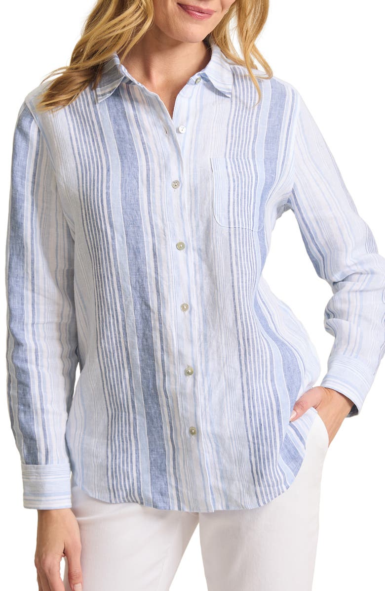 Tommy Bahama Breezy Bay Linen Stripe Button-Up Shirt, Main, color, 