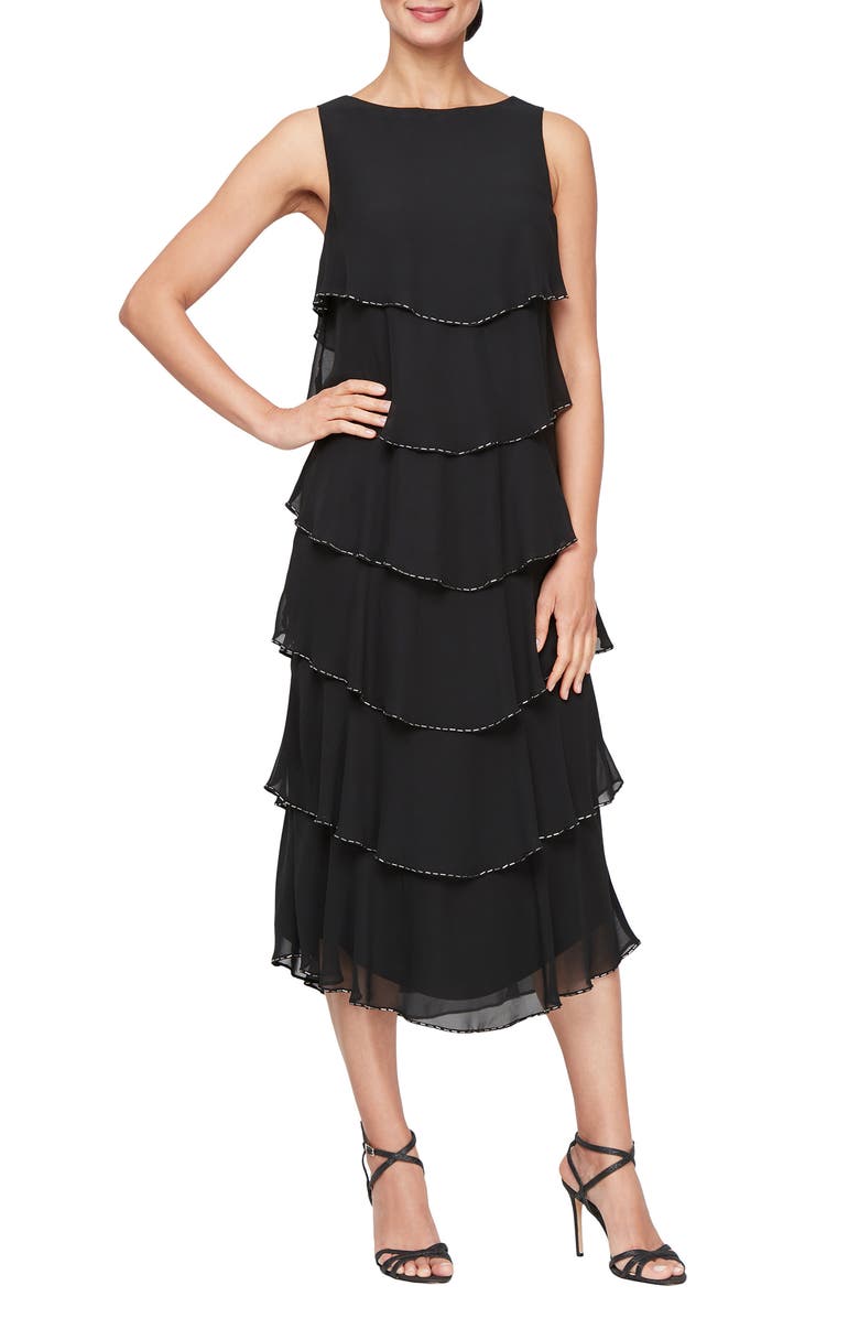 SL FASHIONS Beaded Layered Ruffle Cocktail Dress, Main, color,