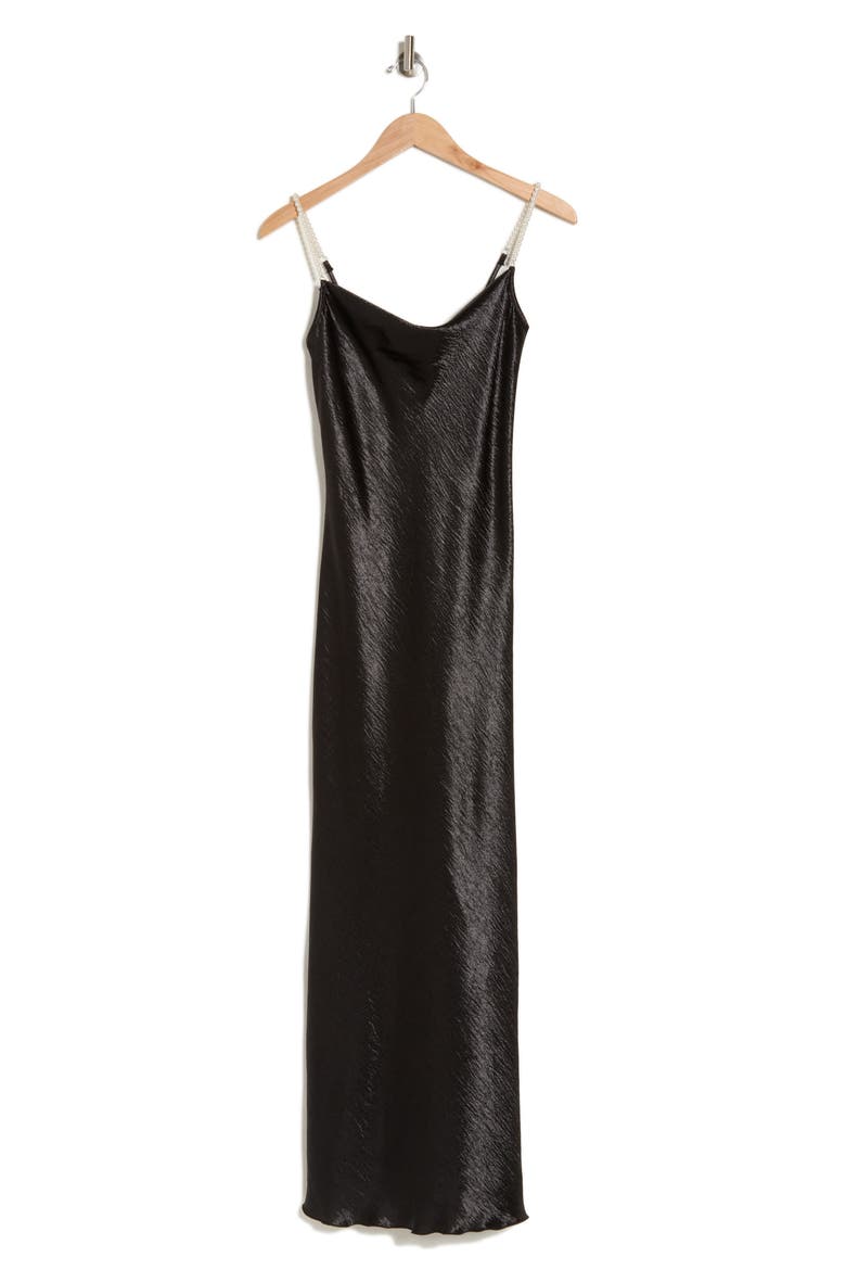 Imitation Pearl Strap Hammered Satin Maxi Slipdress, Alternate, color, BLACK