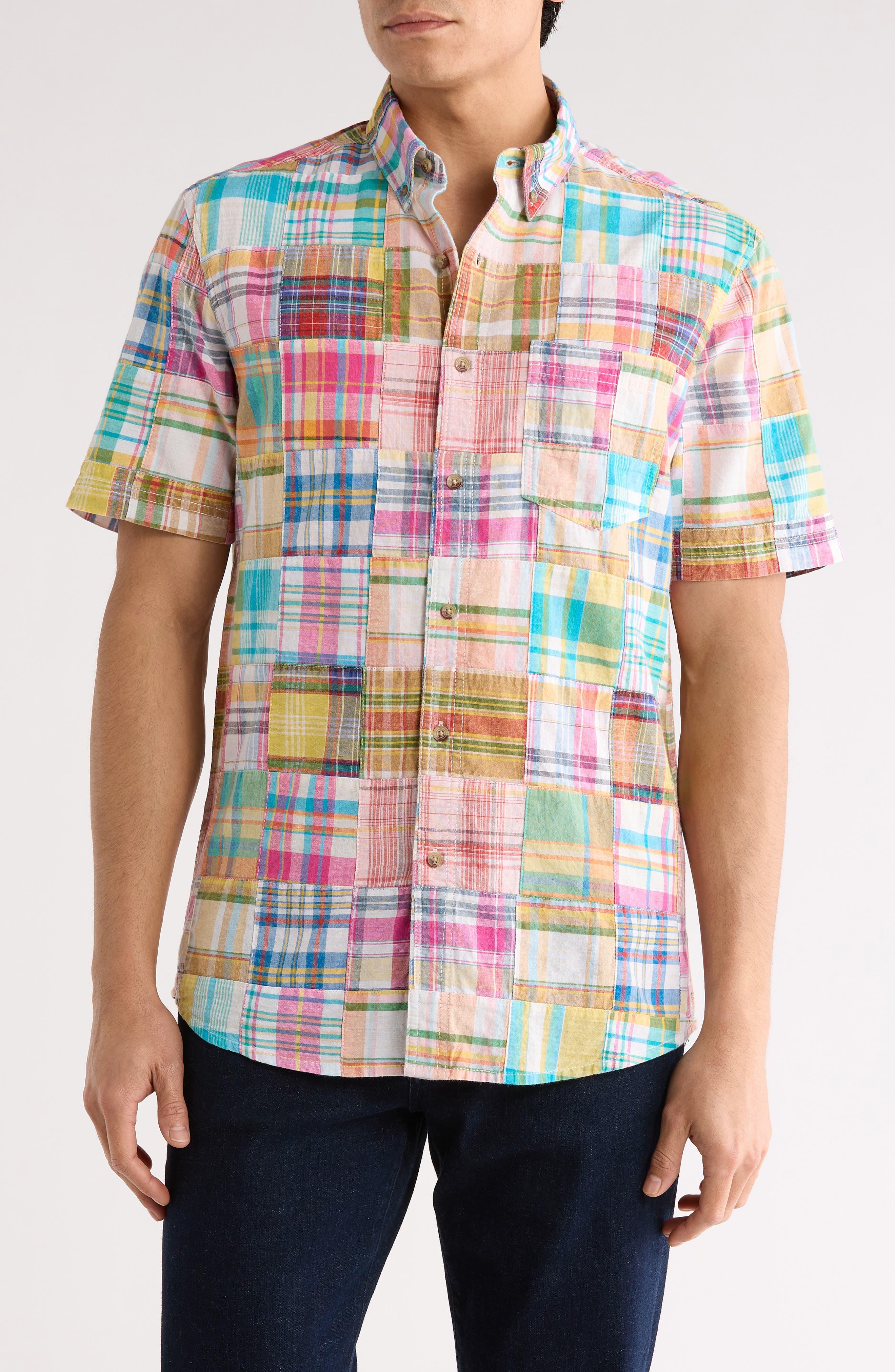 Patchwork Madras Short Sleeve Button-Down Shirt - image 5