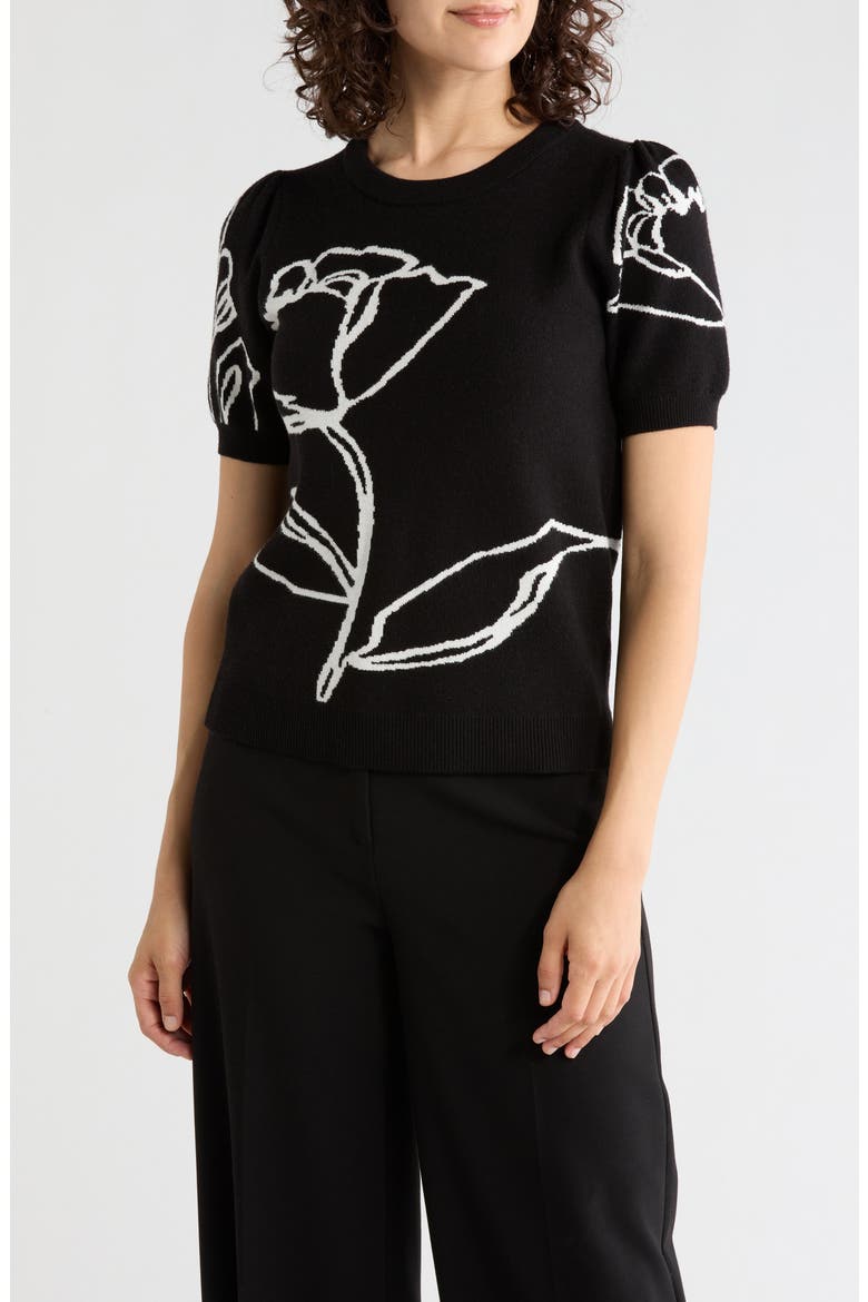 Intarsia Puff Sleeve Sweater, Main, color, BLACK / WHITE