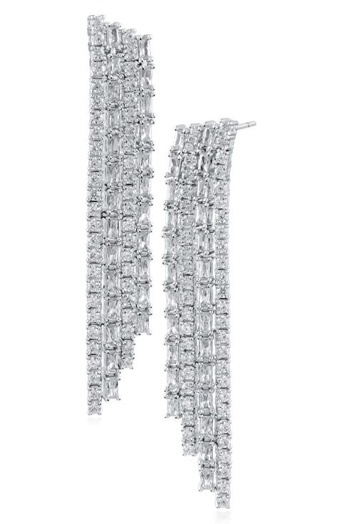 Round & Baguette CZ Fringe Drop Earrings