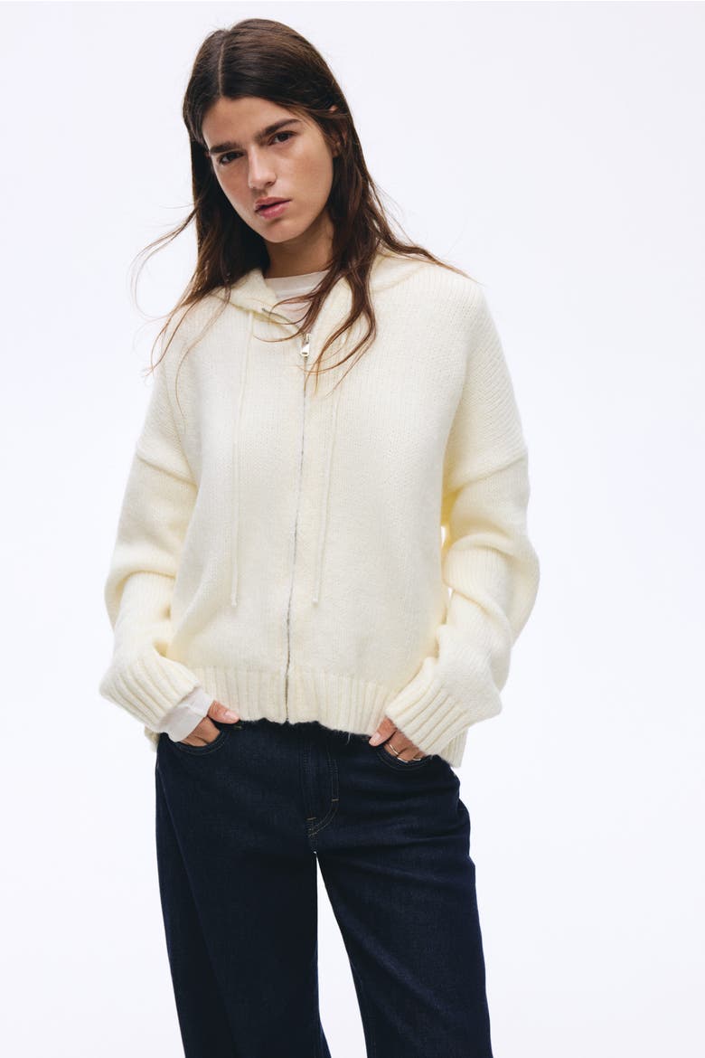 Knitted Zip-through Hoodie, Alternate, color, Cream