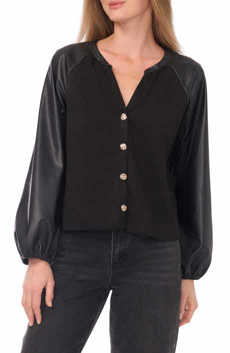 Parker Faux Leather Sleeve Button Front Top