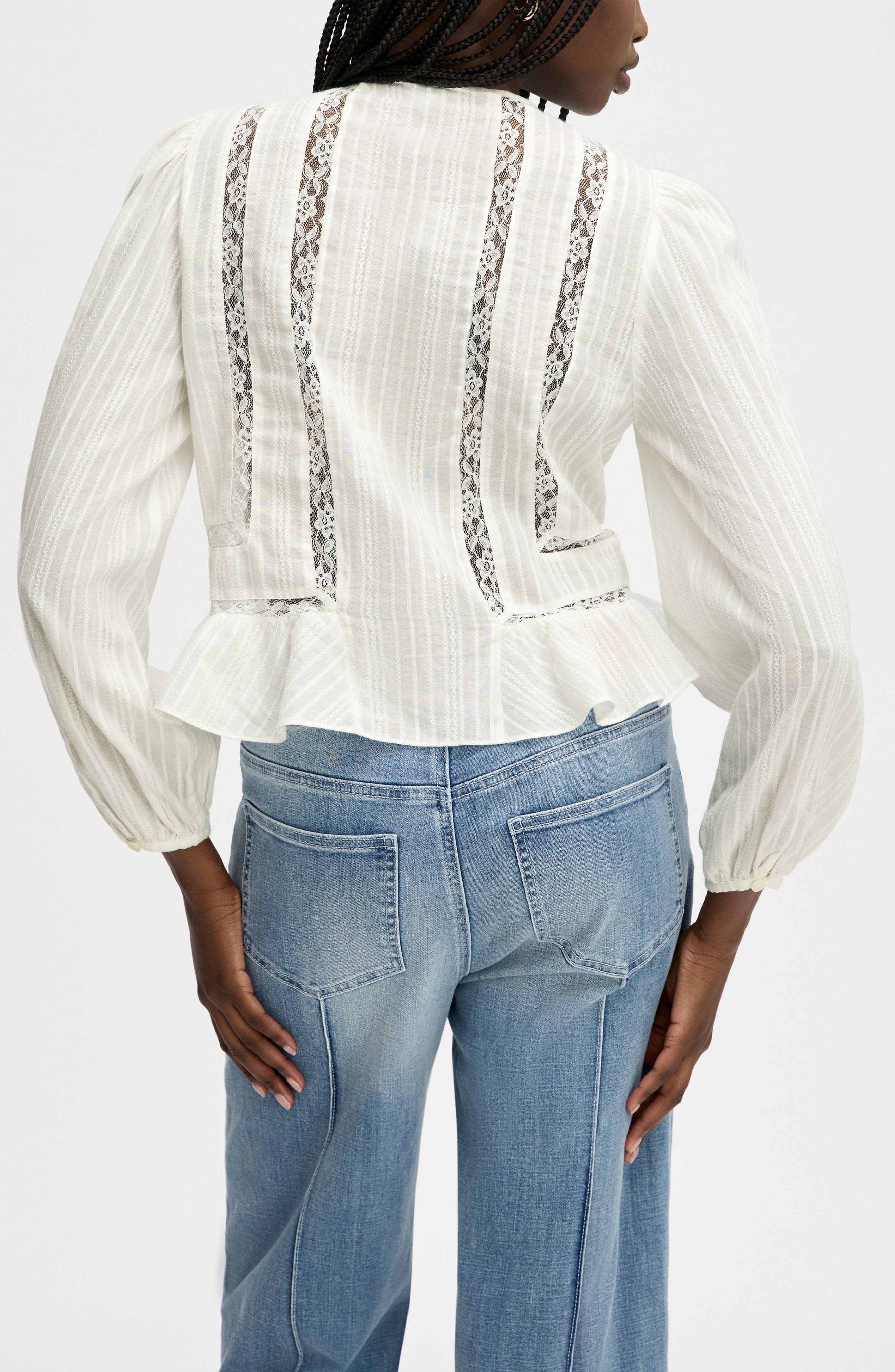 Lace Inset Ruffle Cotton Button-Up Shirt - image 4