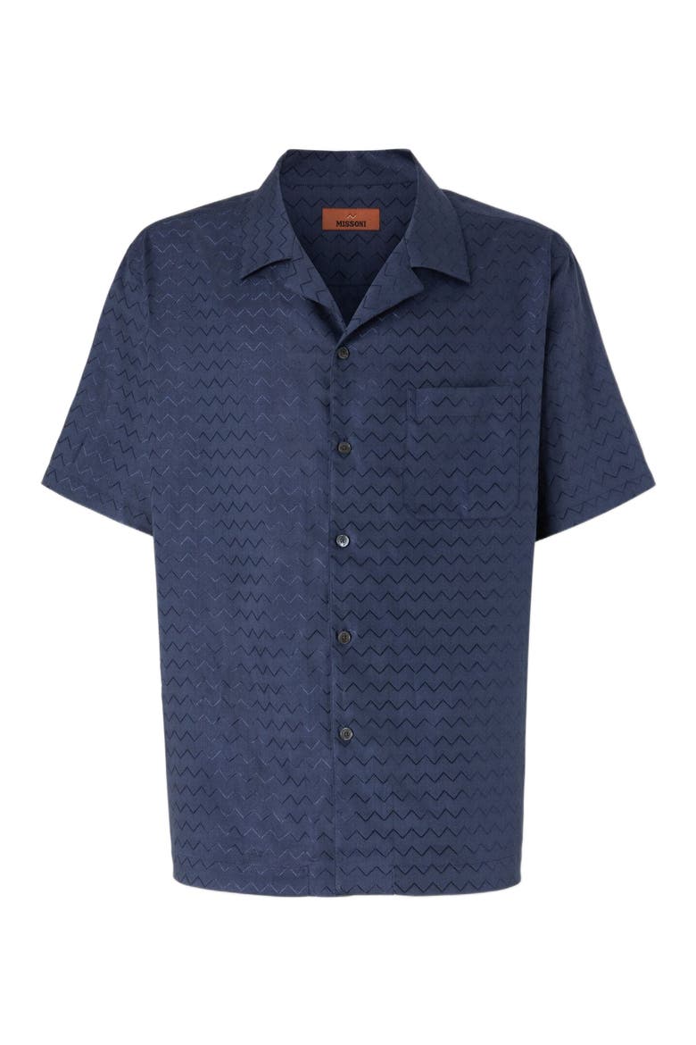 Cotton, Viscose And Linen Bowling Shirt With Shiny Zigzag Pattern, Alternate, color, Blue