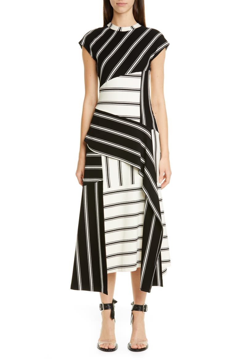 Asymmetrical Stripe Jersey Midi Dress, Main, color, BLACK/ ECRU