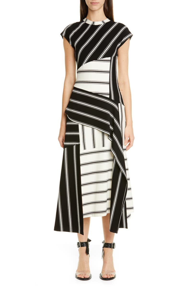 MONSE Asymmetrical Stripe Jersey Midi Dress, Main, color, 