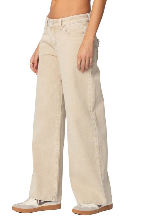 Shop Edikted Leopard Star Low Rise Wide Leg Jeans In Beige-washed