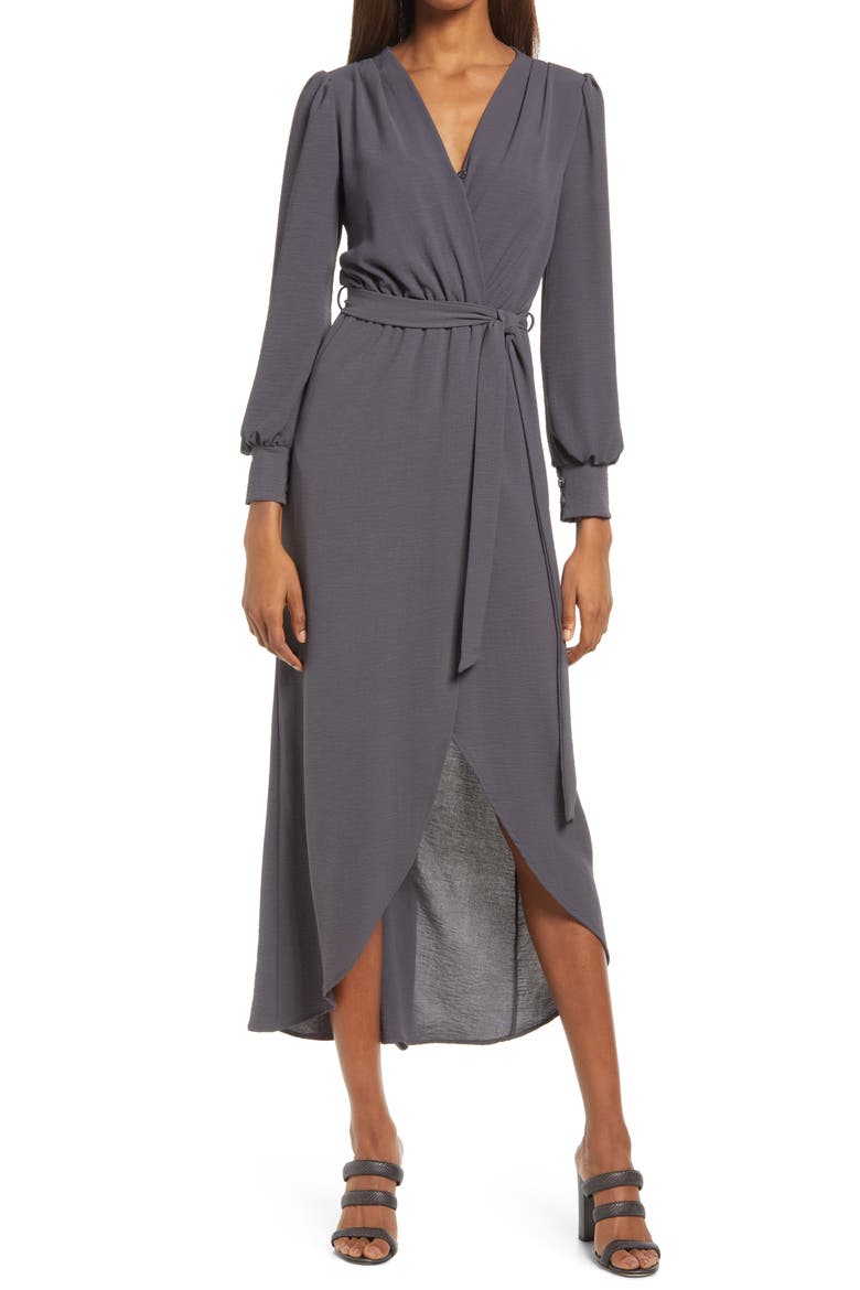 Long Sleeve Faux Wrap Dress, Main, color, CHARCOAL