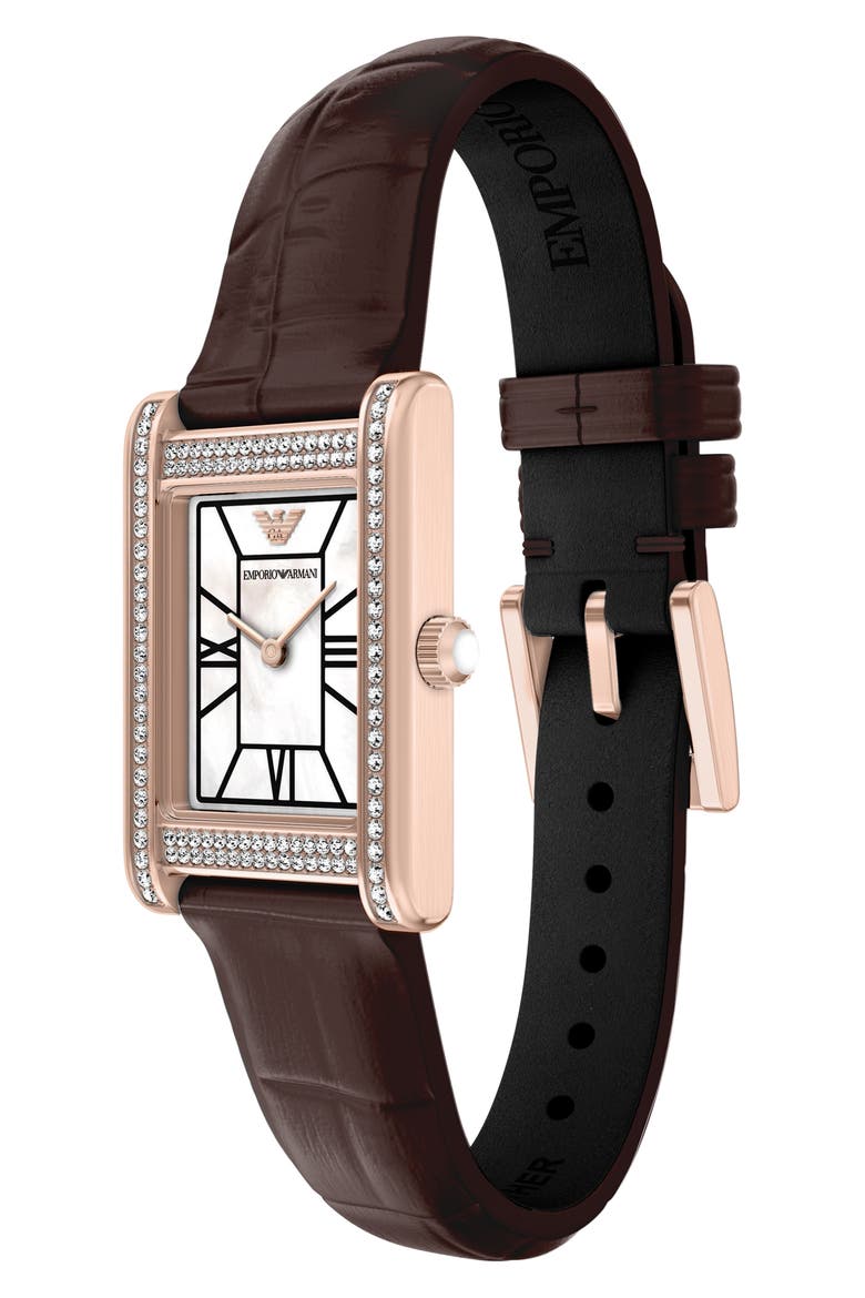 Two-Hand Mother-of-Pearl Leather Strap Tank Watch, 22mm x 32mm, Alternate, color, BROWN/ ROSE GOLD