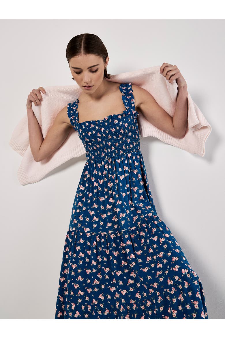 Spaced Ditsy Smocked Tiered Dress, Alternate, color, Blue