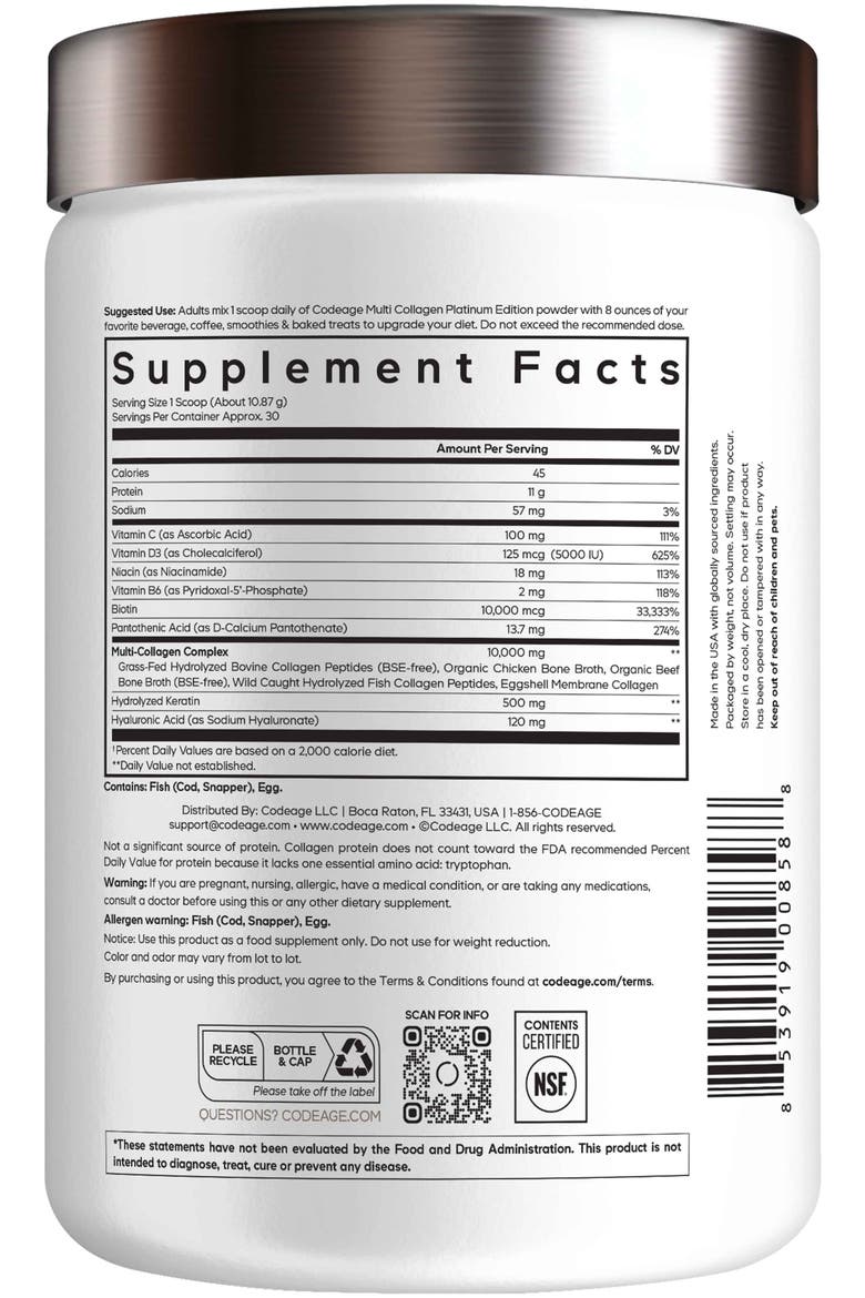 Platinum Multi Collagen Protein + Biotin Powder Supplement, Alternate, color, White