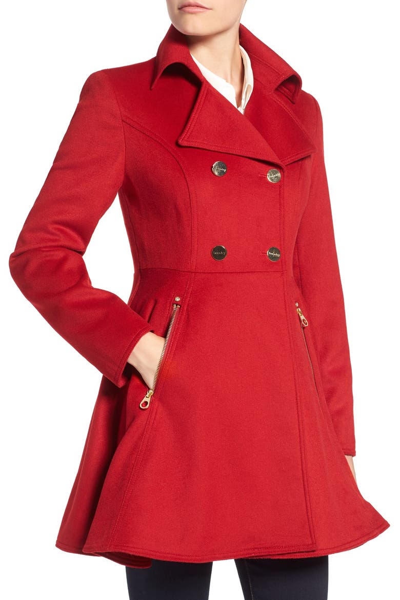 Laundry by Shelli Segal Double Breasted Fit & Flare Coat, Alternate, color, RED DAHLIA