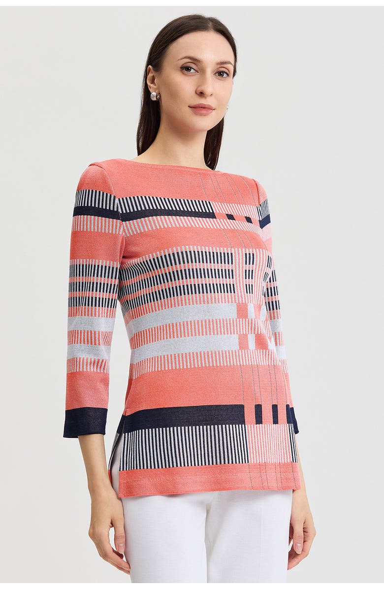 Ming Wang Classic Jacquard Colorblock Soft Knit Tunic, Alternate, color, Sunkist Coral/White/Indigo