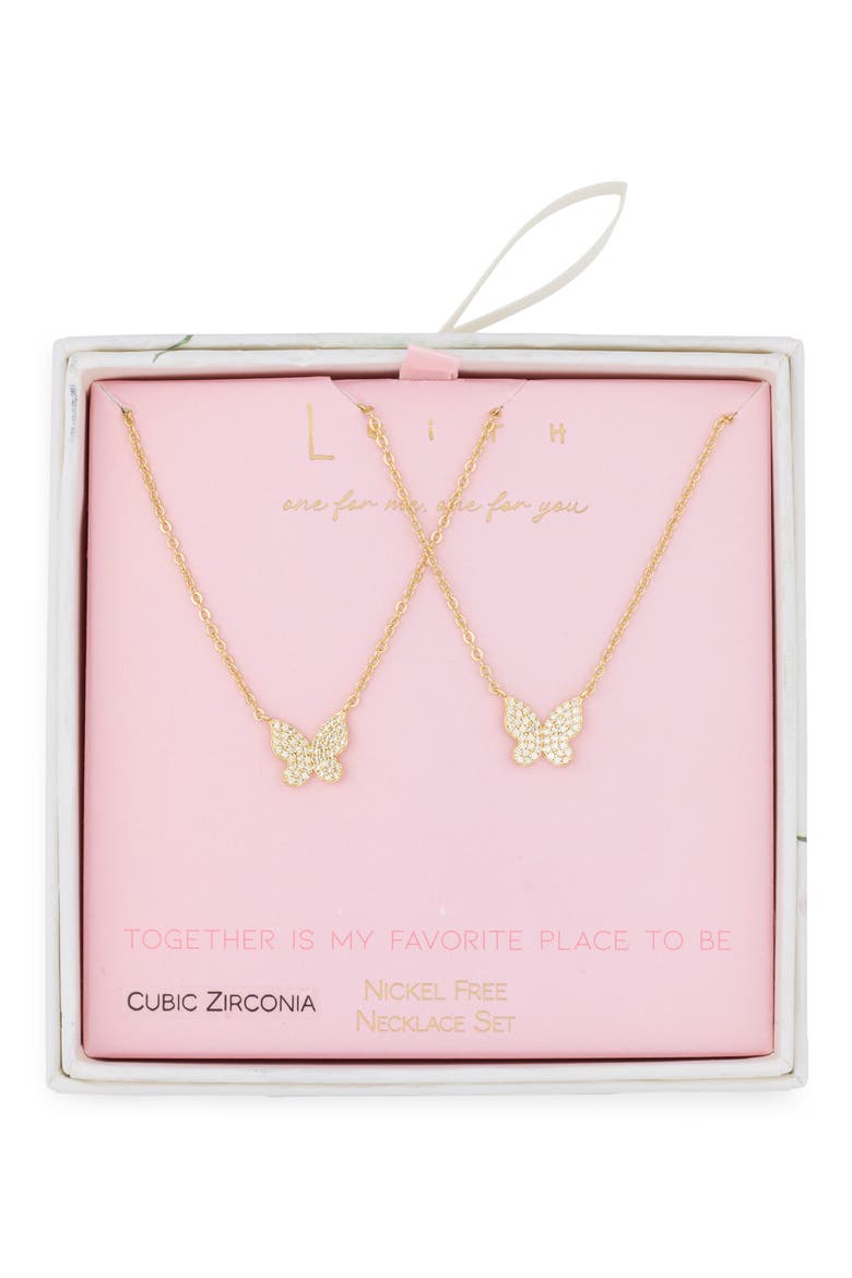 Together Is My Favorite Place To Be Set of 2 Cubic Zirconia Butterfly Pendant Necklaces, Main, color, CLEAR- GOLD