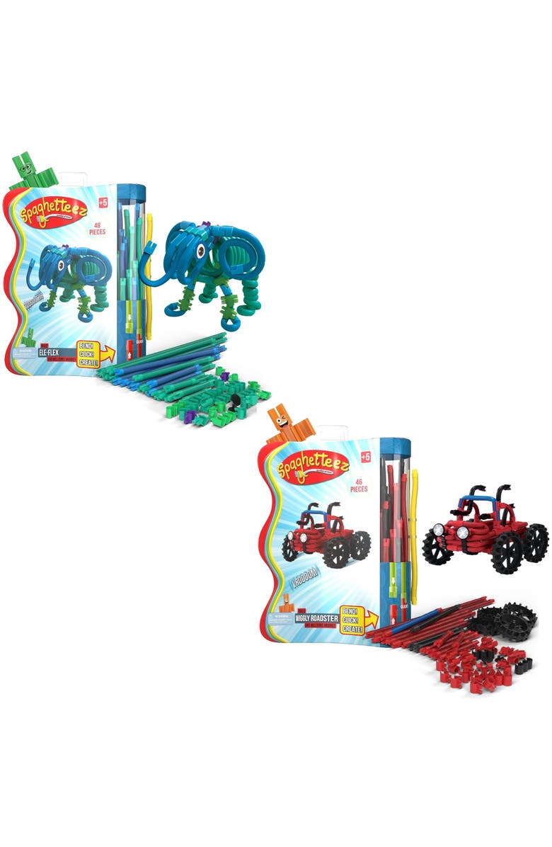 Mukikim Spaghetteez Ele-Flex & Wiggly Roadster.  Creative and Connectable Elephant & Truck Toy for Children.  Flexible, Bendable Construction Set that Enhances Problem-Solving Skills, Creativity, and Educational Fun. Ideal for Age 5+, Main, color, Multi