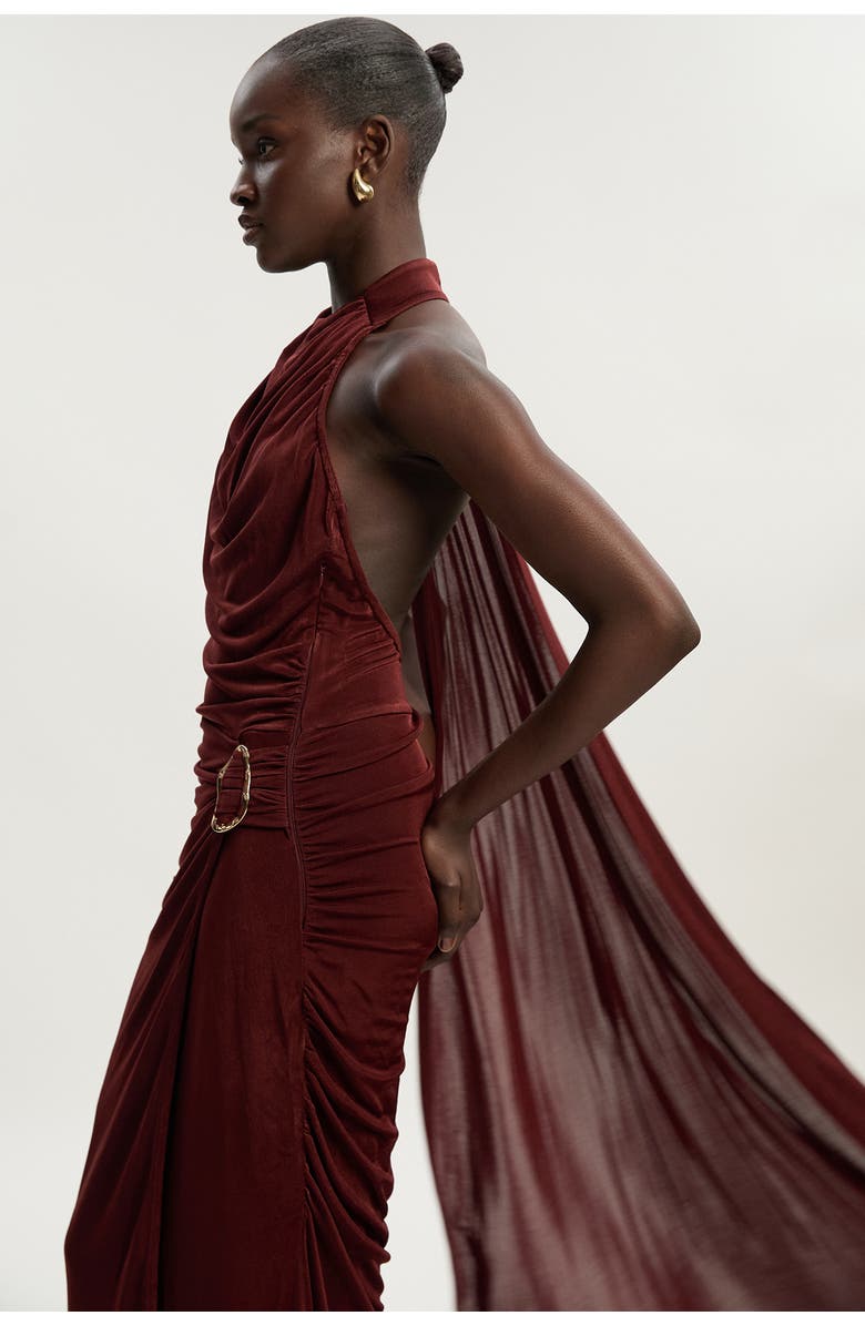 Karen Millen Slinky Crepe High Neck Maxi Dress, Alternate, color, Chocolate