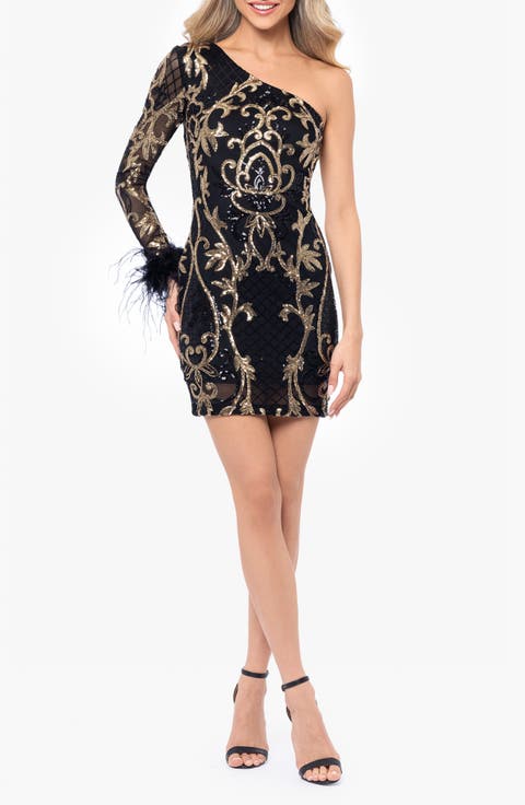 Sequin One-Shoulder Feather Cuff Cocktail Minidress