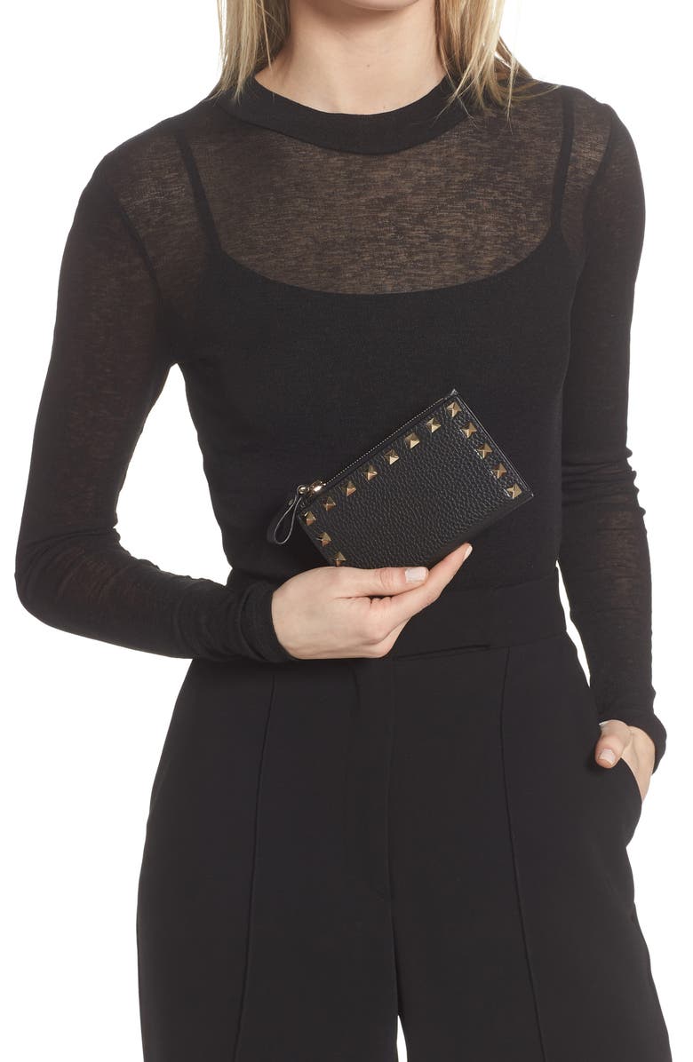 Valentino Garavani Rockstud Zip Coin & Card Pouch, Alternate, color, Nero
