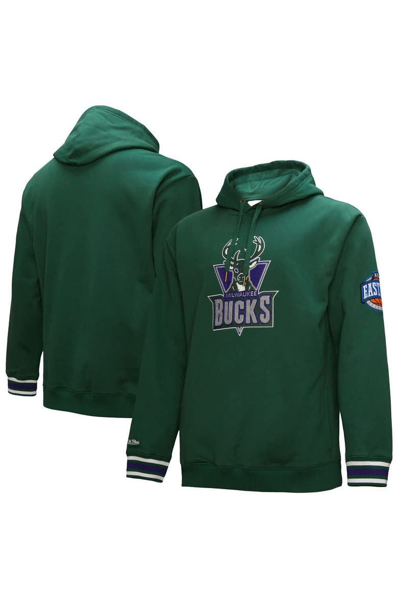 Men's Mitchell & Ness Hunter Green Milwaukee Bucks Hardwood Classics Chainstitch Vintage Heavyweight Pullover Hoodie, Alternate, color, Hunter Green