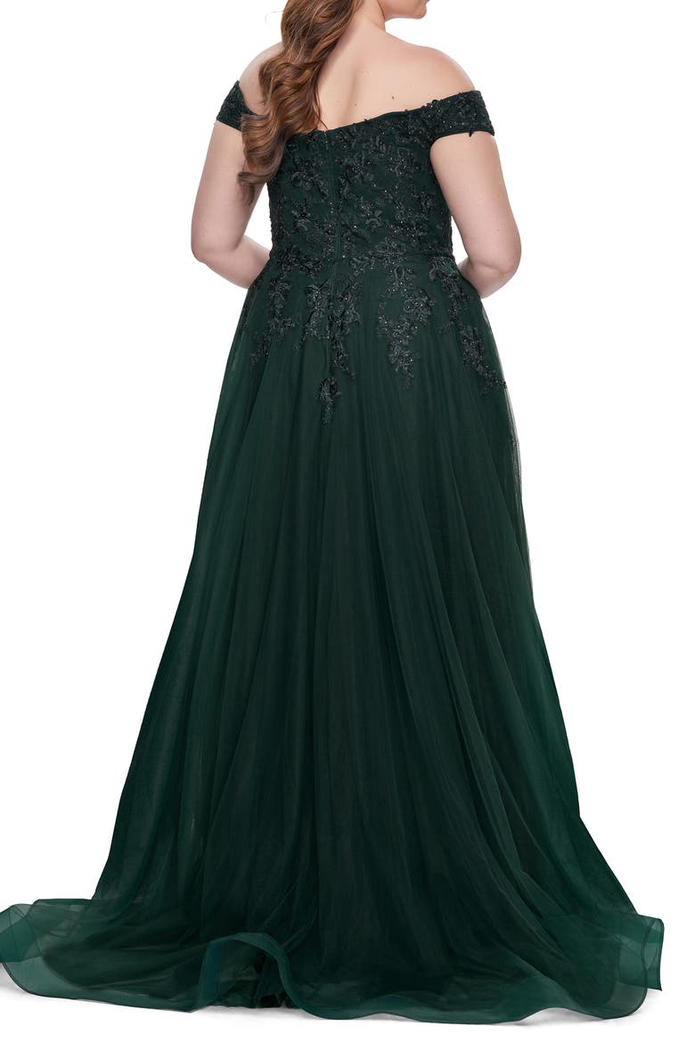 Off The Shoulder Tulle Plus Size Gown with Lace, Alternate, color, Dark Emerald