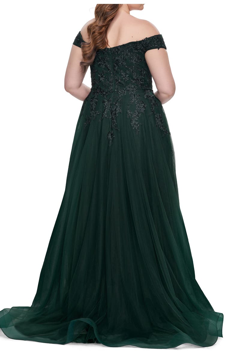 La Femme Off The Shoulder Tulle Plus Size Gown with Lace, Alternate, color, Dark Emerald
