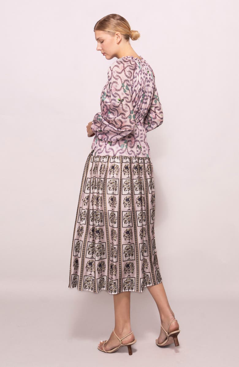 MELLODAY Printed Shirred Midi Dress, Alternate, color, Lilac Multi