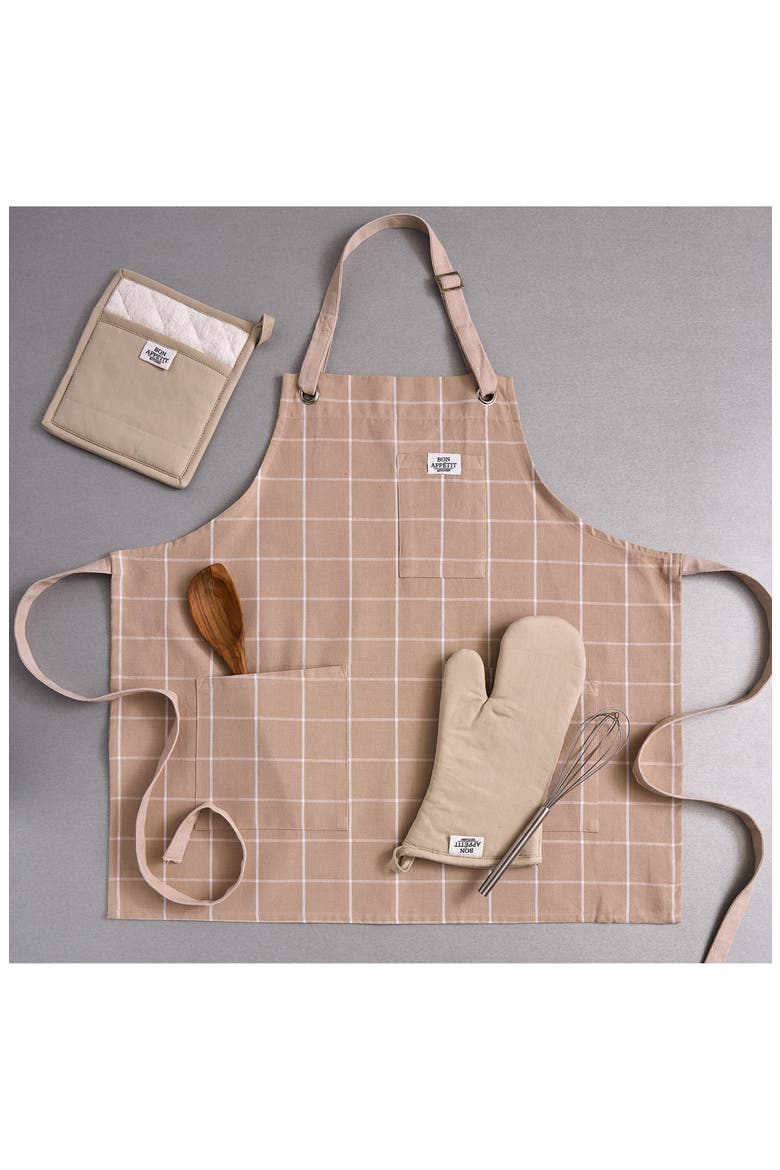 Windowpane Print Cotton Apron, Alternate, color, BEIGE