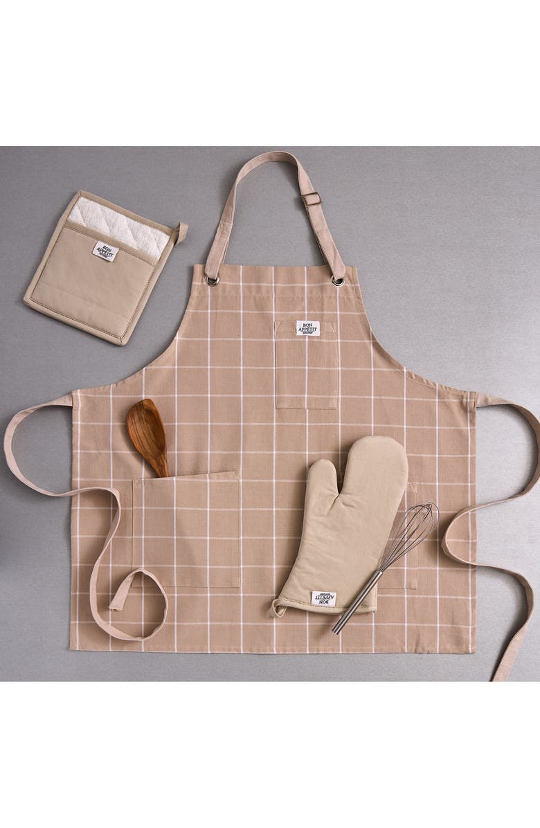 Design Imports Windowpane Print Cotton Apron, Alternate, color, Beige