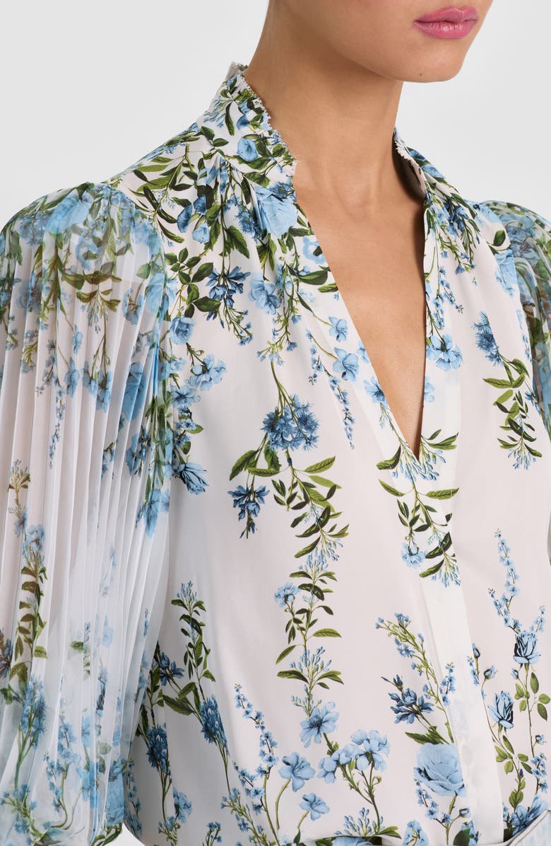 Alice + Olivia Ilan Floral Pleated Sleeve Button-Up Shirt, Alternate, color, Fresh Air Carolina Blue