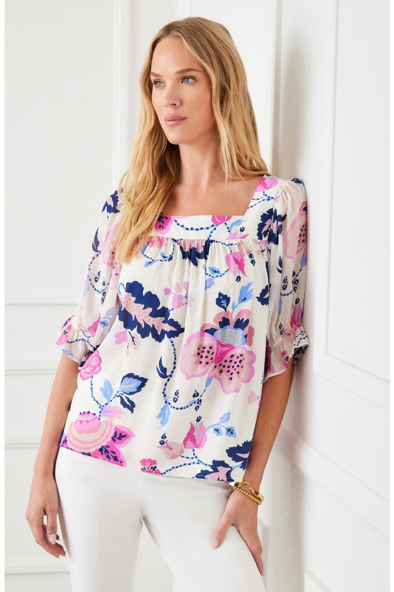 Print Ruffle Cuff Square Neck Top, Alternate, color, IVORY PRINT