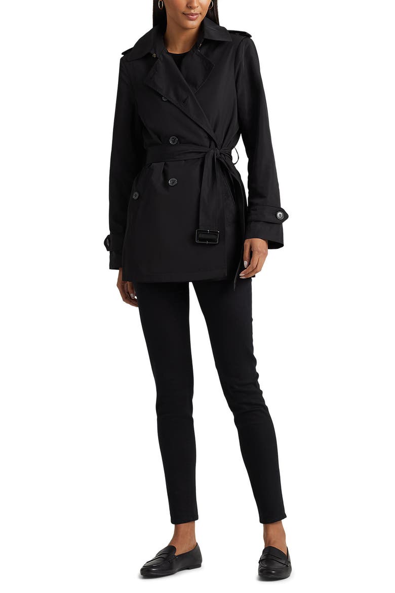 Belted Water Repellent Taffeta Trench Coat, Alternate, color, BLACK