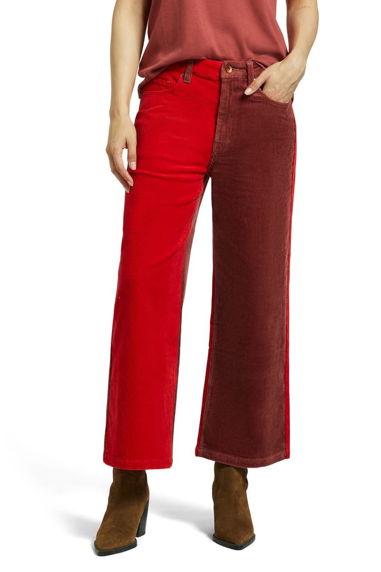 Margo High Waist Two-Tone Crop Cotton Corduroy Pants, Main, color, COWHIDE/ MARS RED CORD