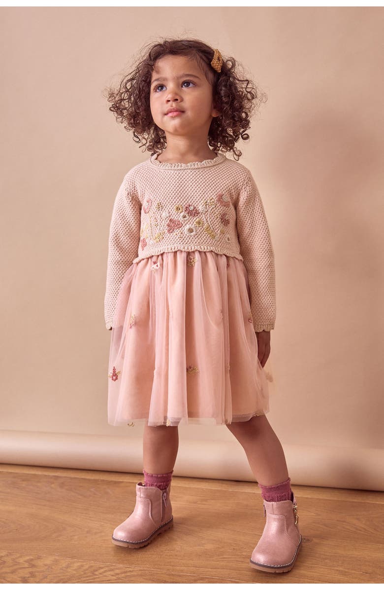 NEXT Kids' Mixed Media Long Sleeve Dress, Alternate, color, 