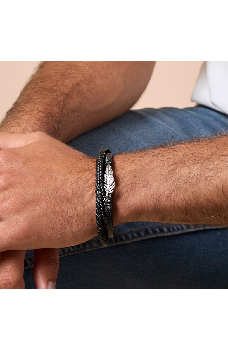 Lucky Brand Triple Row Black Leather Bracelet with Silver Accents, Alternate, color, Black