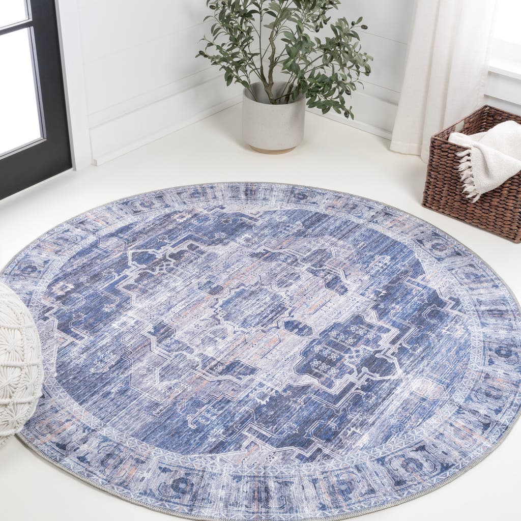 Jonathan Y Alanya Ornate Medallion Machine-washable Round Area Rug In Navy/cream