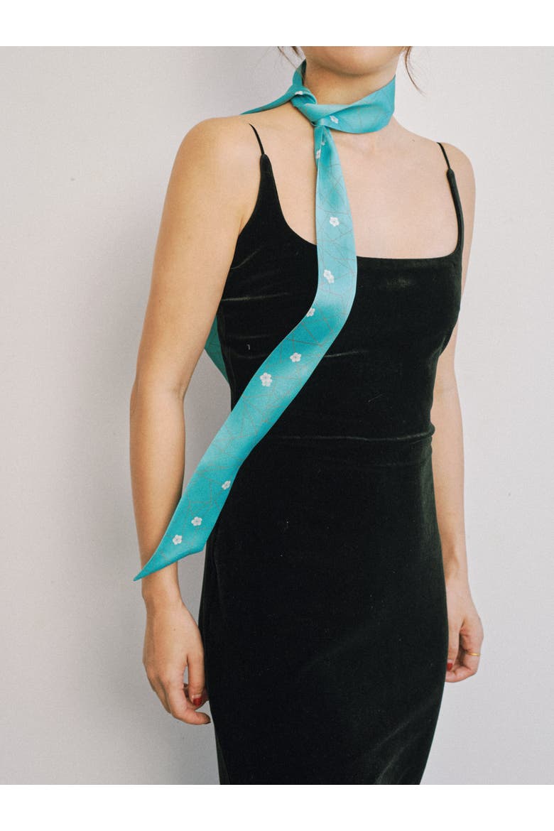 "Almond Blossom" Silk Skinny Scarf, Alternate, color, Turquoise