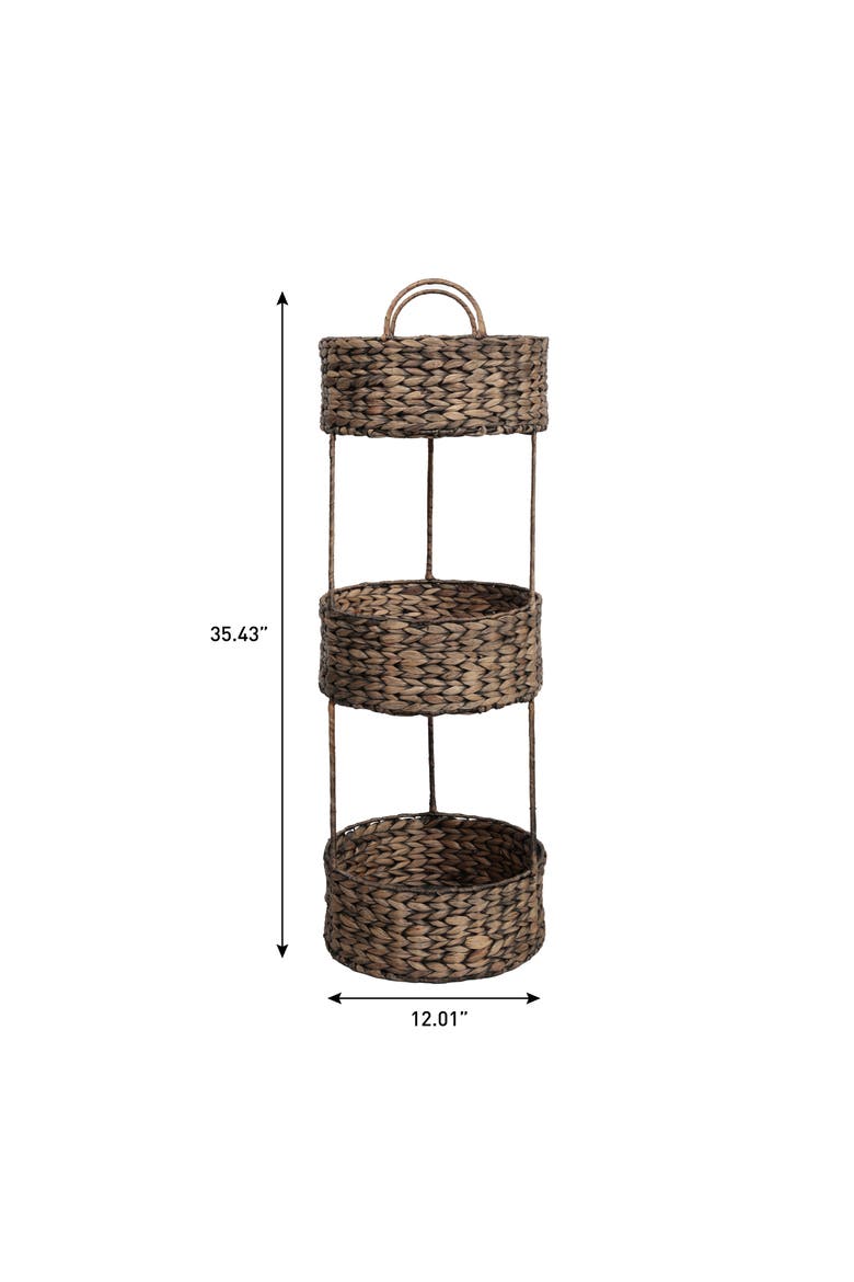 Levity Coastal Handwoven Water Hyacinth 3-Tier Round Freestanding Storage Rack with Metal Frame and Handles, Alternate, color, Brown
