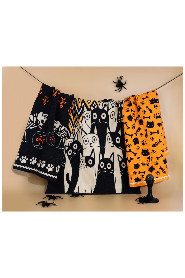 Spooky Cat Halloween Set of 3 Kitchen Towels, Alternate, color, BLACK/ ORANGE/ CREAM
