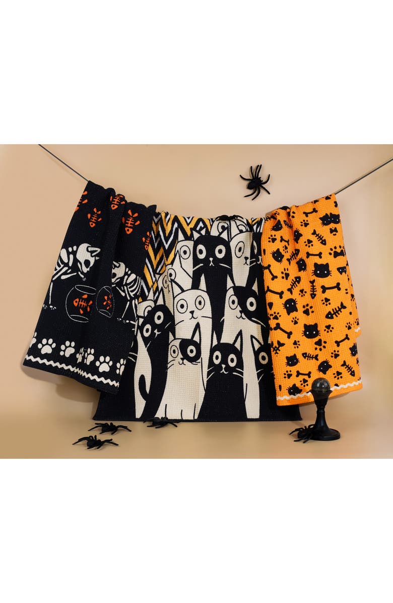 Tiramisu Spooky Cat Halloween Set of 3 Kitchen Towels, Alternate, color, Black/ Orange/ Cream
