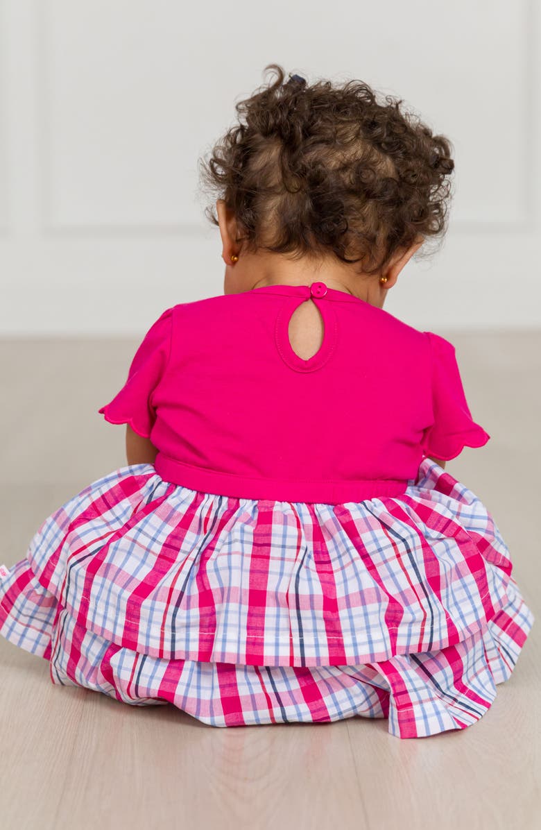 RuffleButts Adley Plaid Mixed Media Stretch Cotton Skirted Bodysuit, Alternate, color, Pink