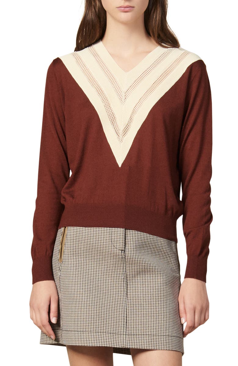 SANDRO Jone Mesh Inset Wool Blend Sweater, Main, color, 