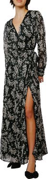 CIEBON Bailey Floral Metallic Long Sleeve Plissé Wrap Dress